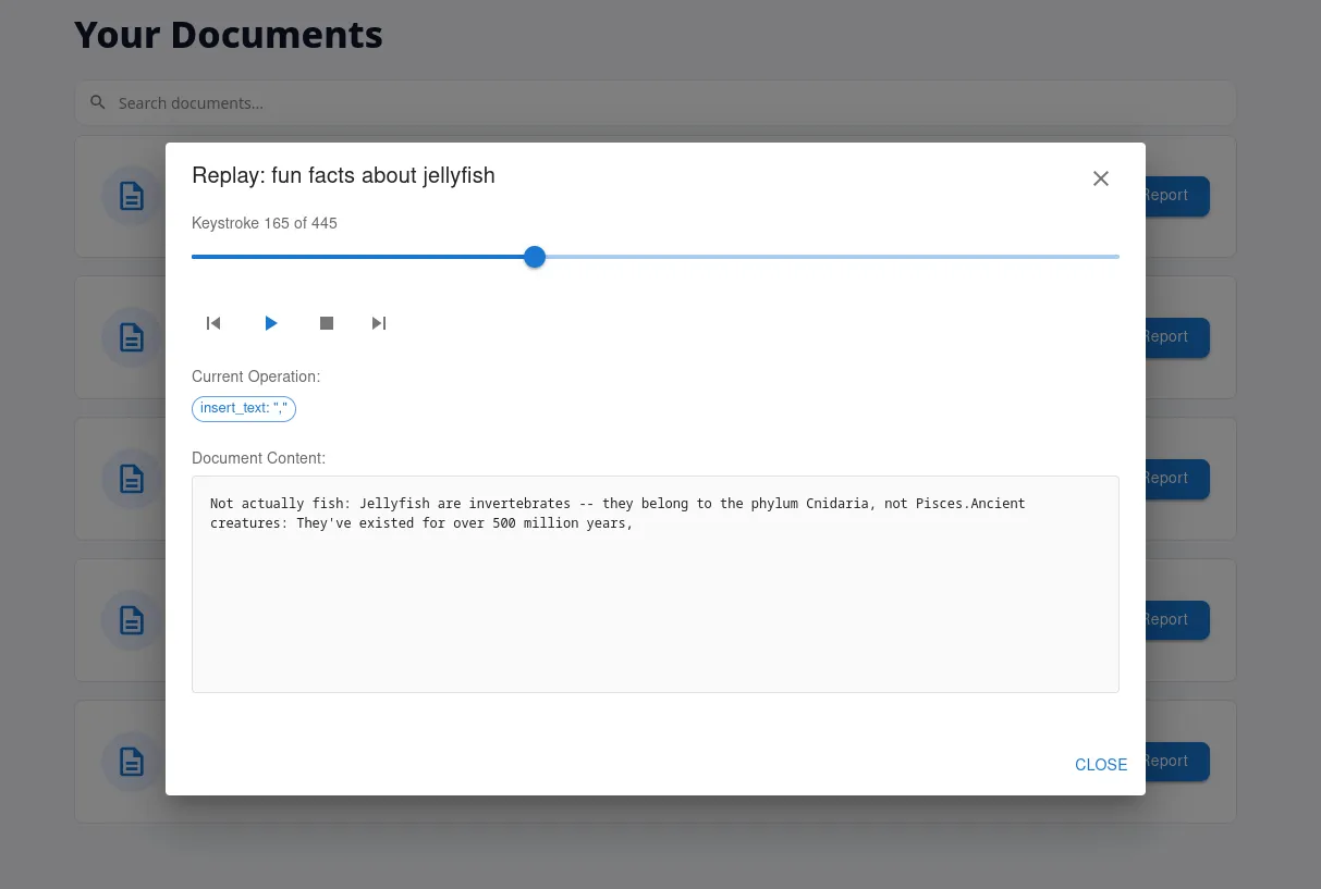 Screenshot of the ability to replay the keystrokes of a document in ProofWrite